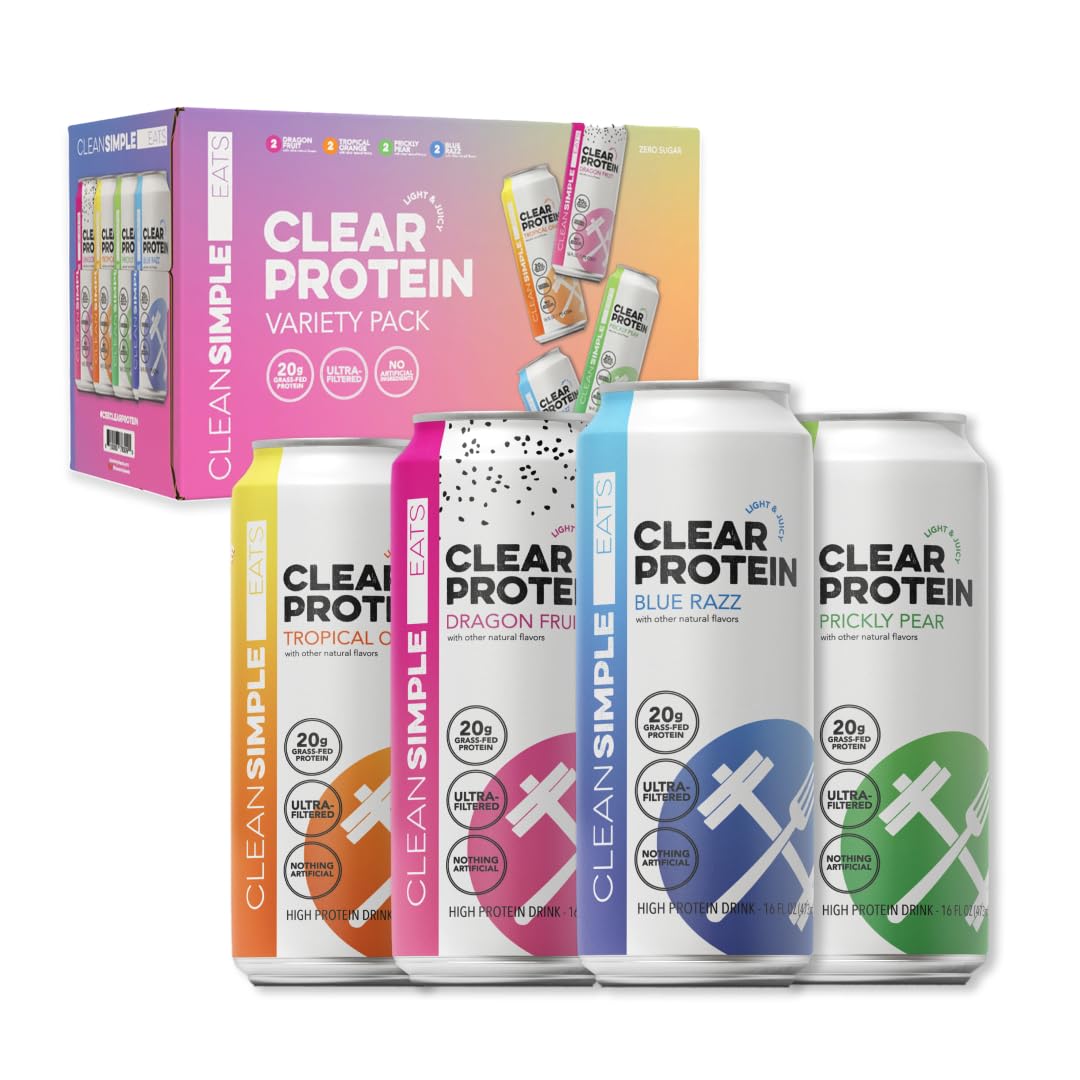 Clean Simple Eats Clear Protein Water Blue Razz can delivers a refreshing 20g protein boost on the go