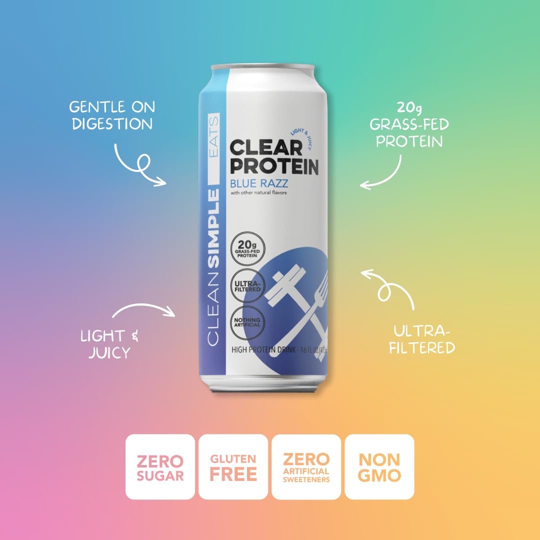 Clean Simple Eats Clear Protein Water Variety Pack 16 oz can showcases four flavors for on-the-go refreshment