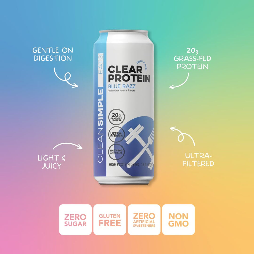Clean Simple Eats Clear Protein Water Variety Pack 16 oz can showcases four flavors for on-the-go refreshment