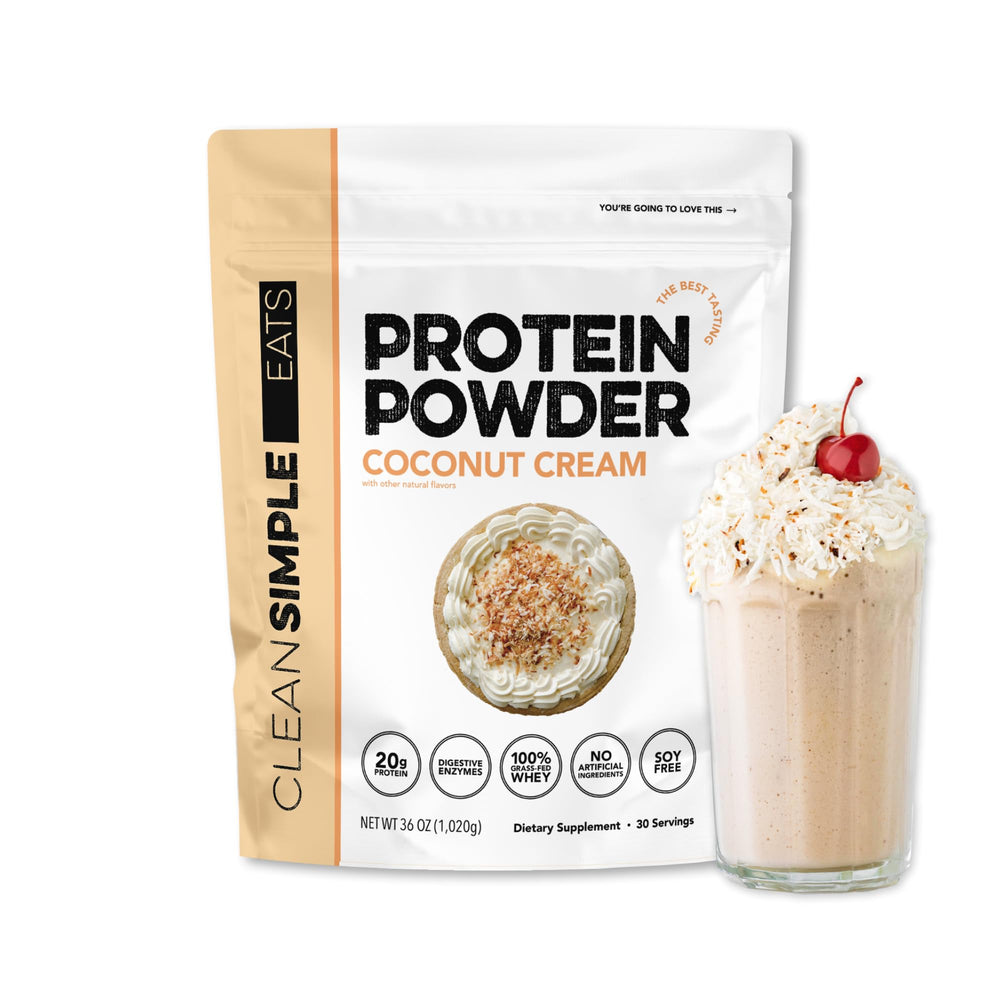 Clean Simple Eats whey coconut cream bottle pour, perfect for creamy shakes