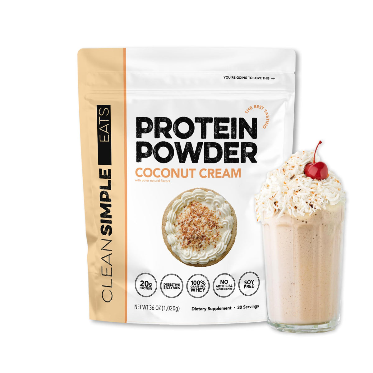 Clean Simple Eats whey coconut cream bottle pour, perfect for creamy shakes