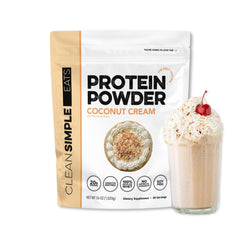 Clean Simple Eats whey coconut cream bottle pour, perfect for creamy shakes