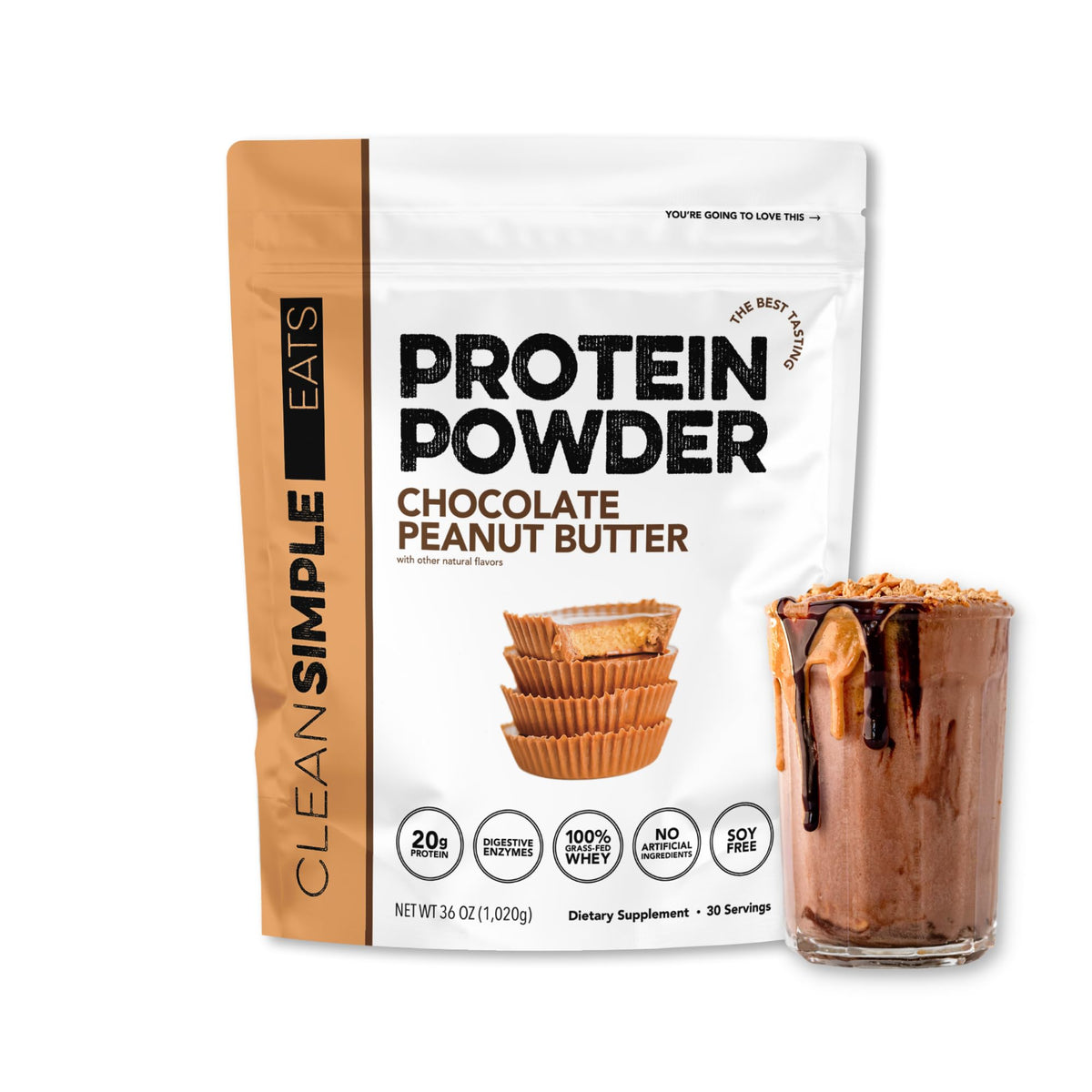 Clean Simple Eats whey protein bottle in chocolate peanut butter flavor, supports daily protein goals.