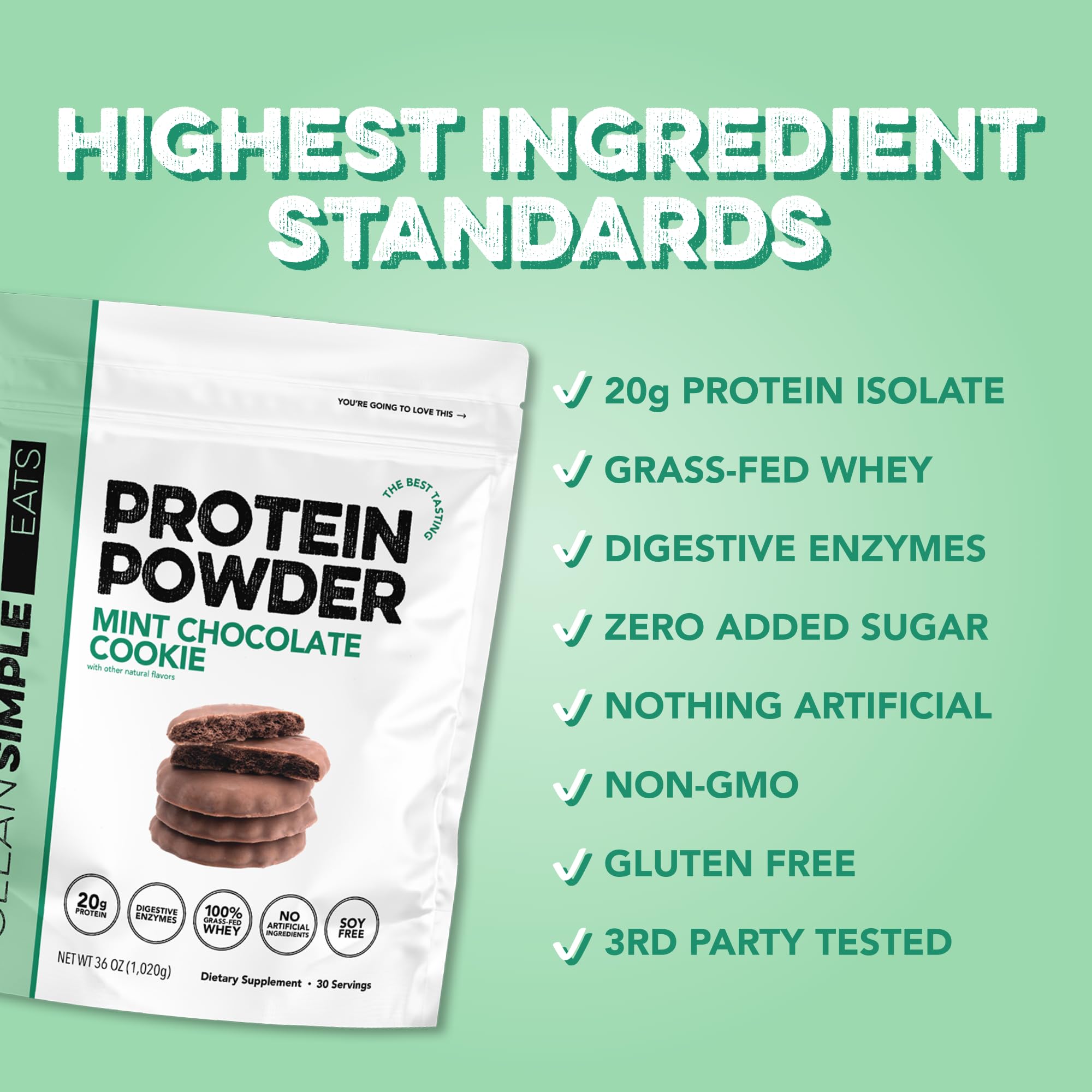 Gluten-free ingredients graphic on Clean Simple Eats whey protein packaging