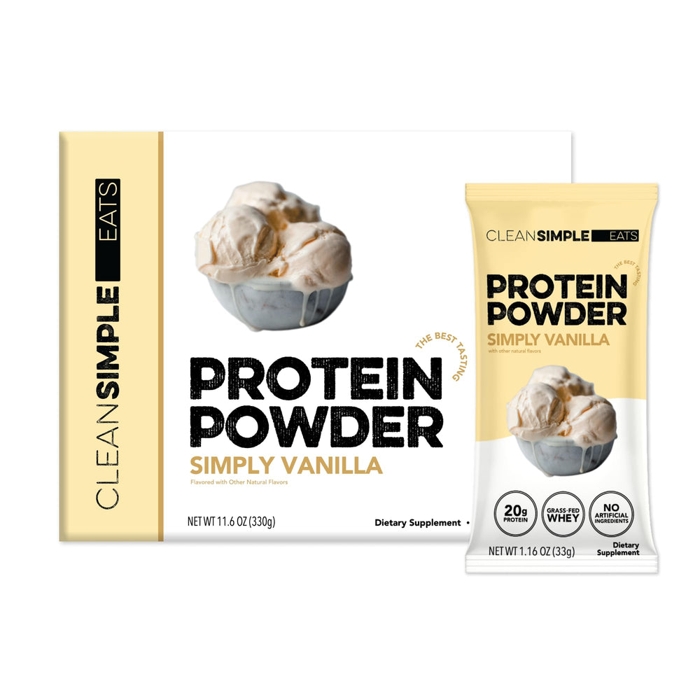 Clean Simple Eats Whey Protein Powder Simply Vanilla stick-pack close-up for a creamy, quick protein boost