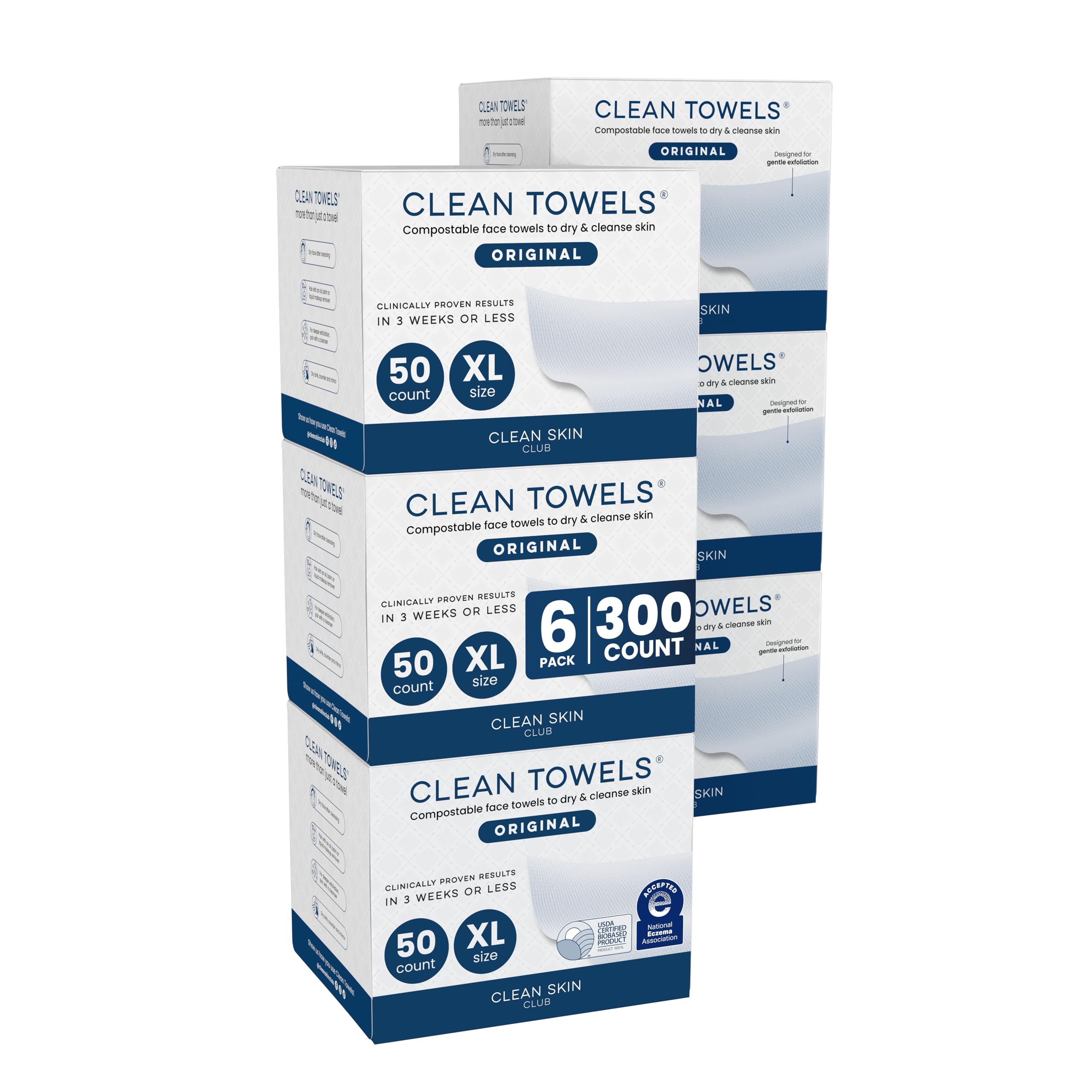 Clean Skin Club Clean Towels XL pack image showing 300-count kit for daily use