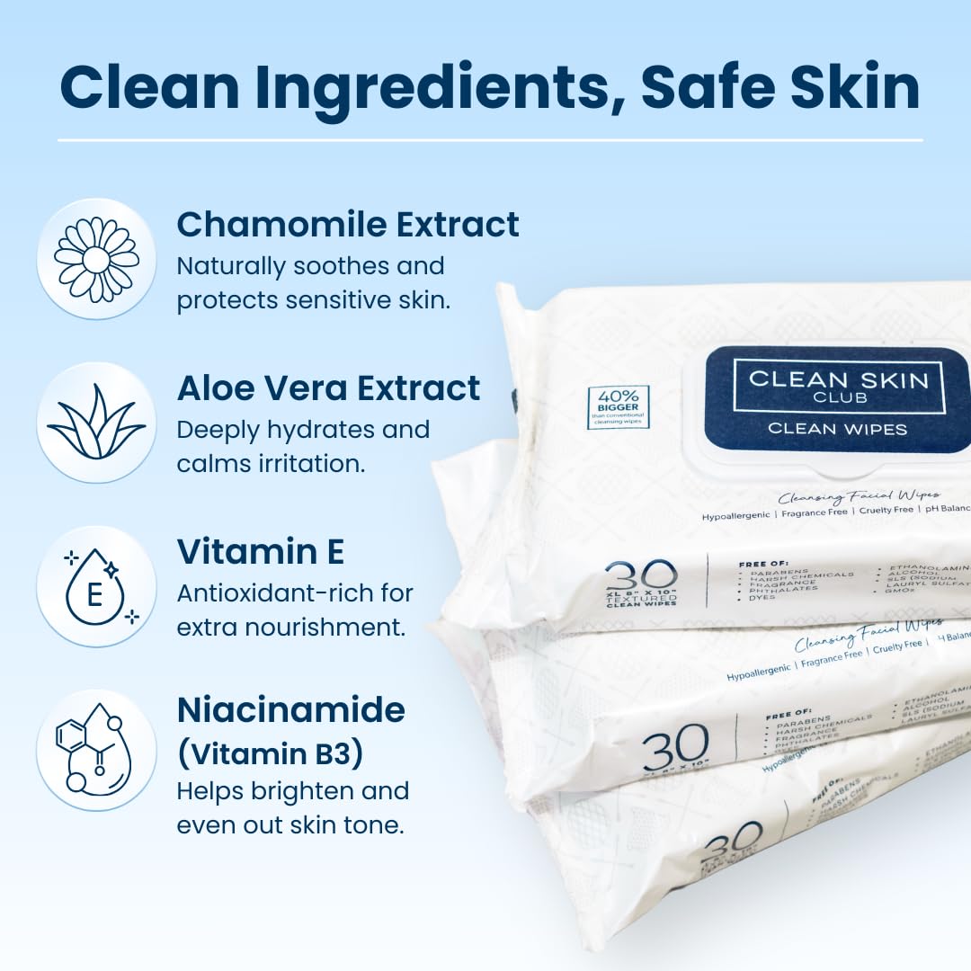 Clean Skin Club XL Premium Face Wipes 30 count pack for travel.