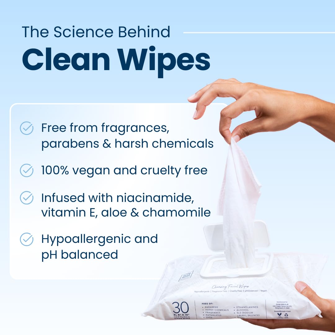 Clean Skin Club XL Premium Face Wipes in use on face demonstrating cleansing.
