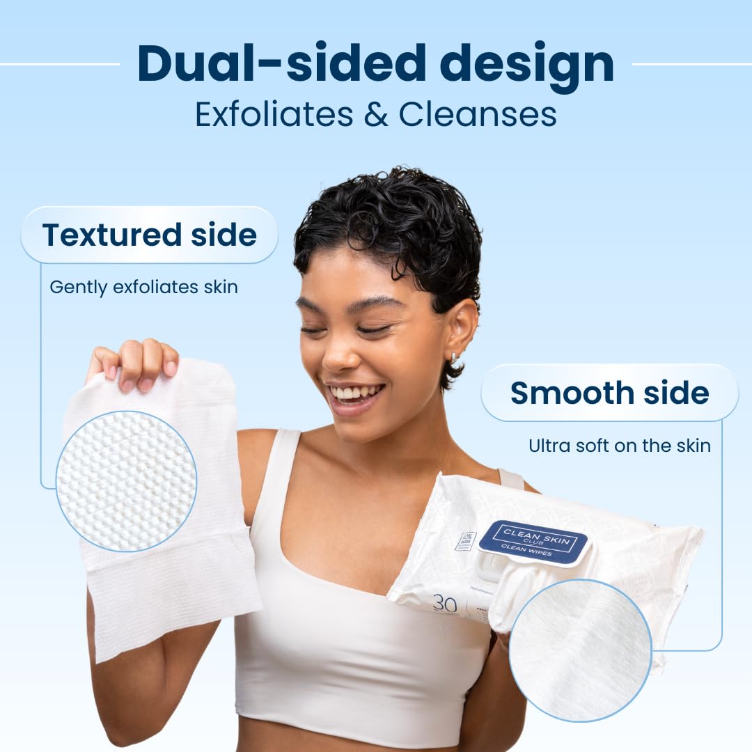 Clean Skin Club XL Premium Face Wipes removing mascara and oils.