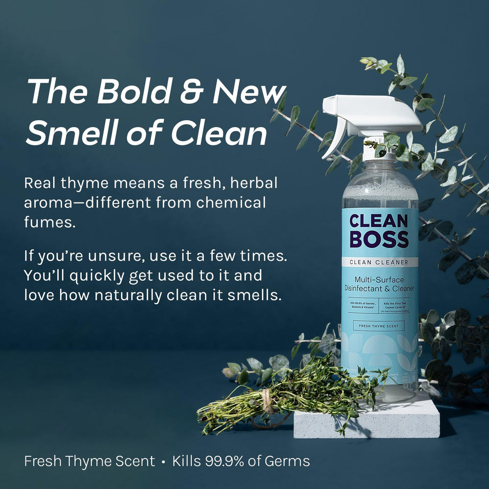 CleanBoss bottle-thyme-scent close-up showing herbal aroma.