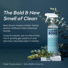 CleanBoss bottle-thyme-scent close-up showing herbal aroma.