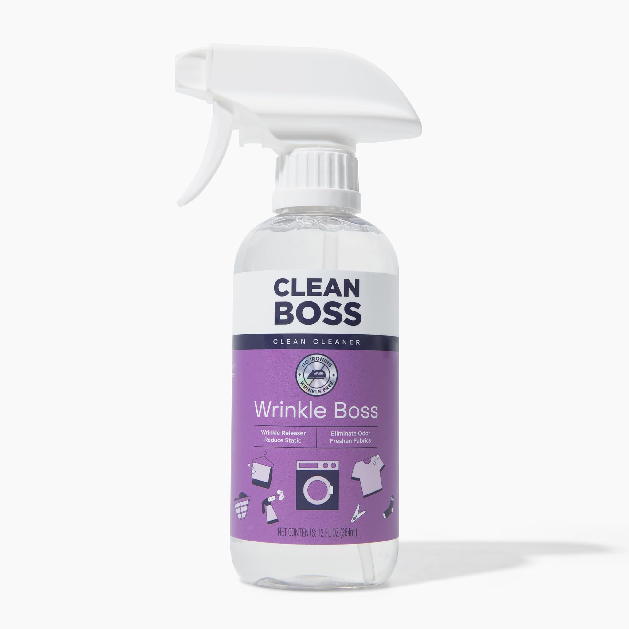 CleanBoss bottle presented in closet or office for quick garment refresh