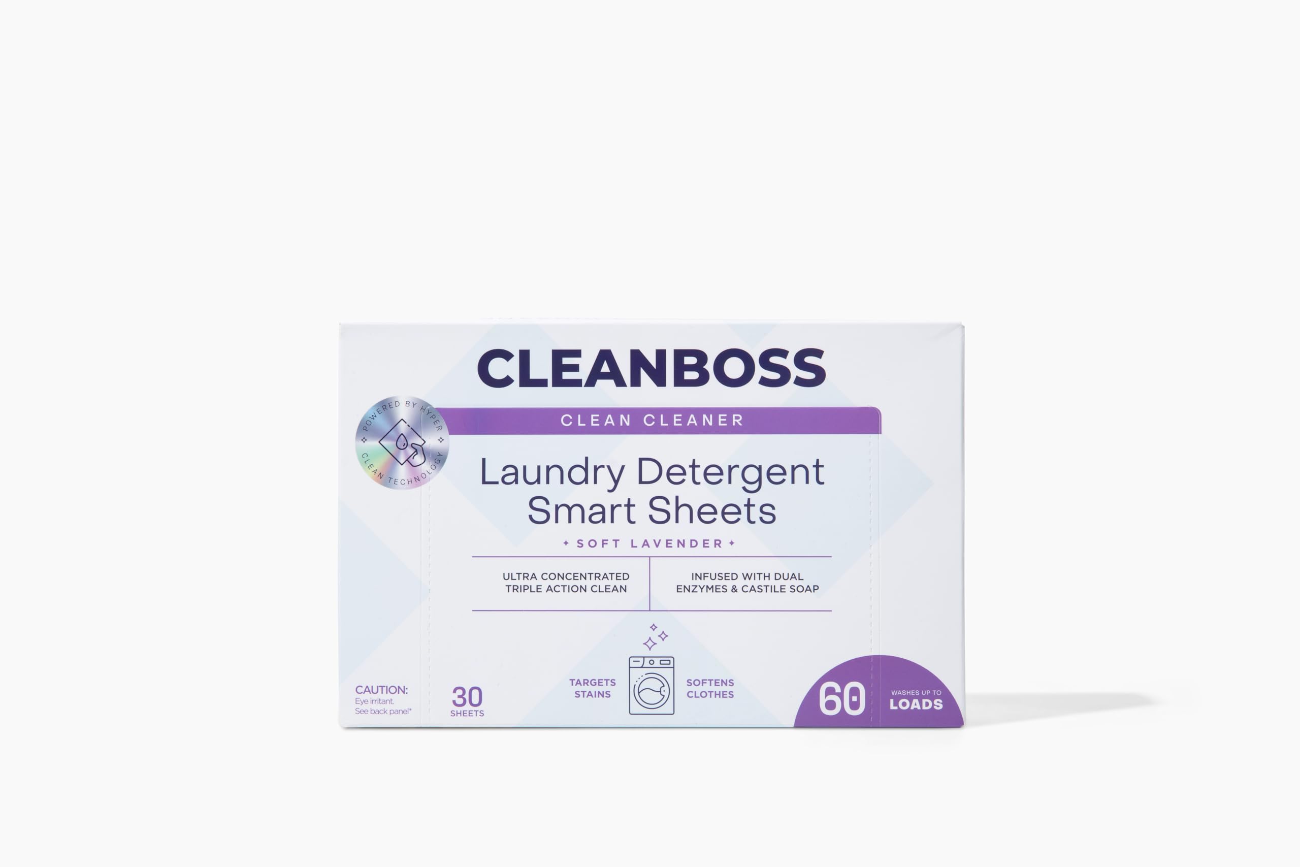 CleanBoss sheets packaging shows a mess-free laundry solution for busy homes.