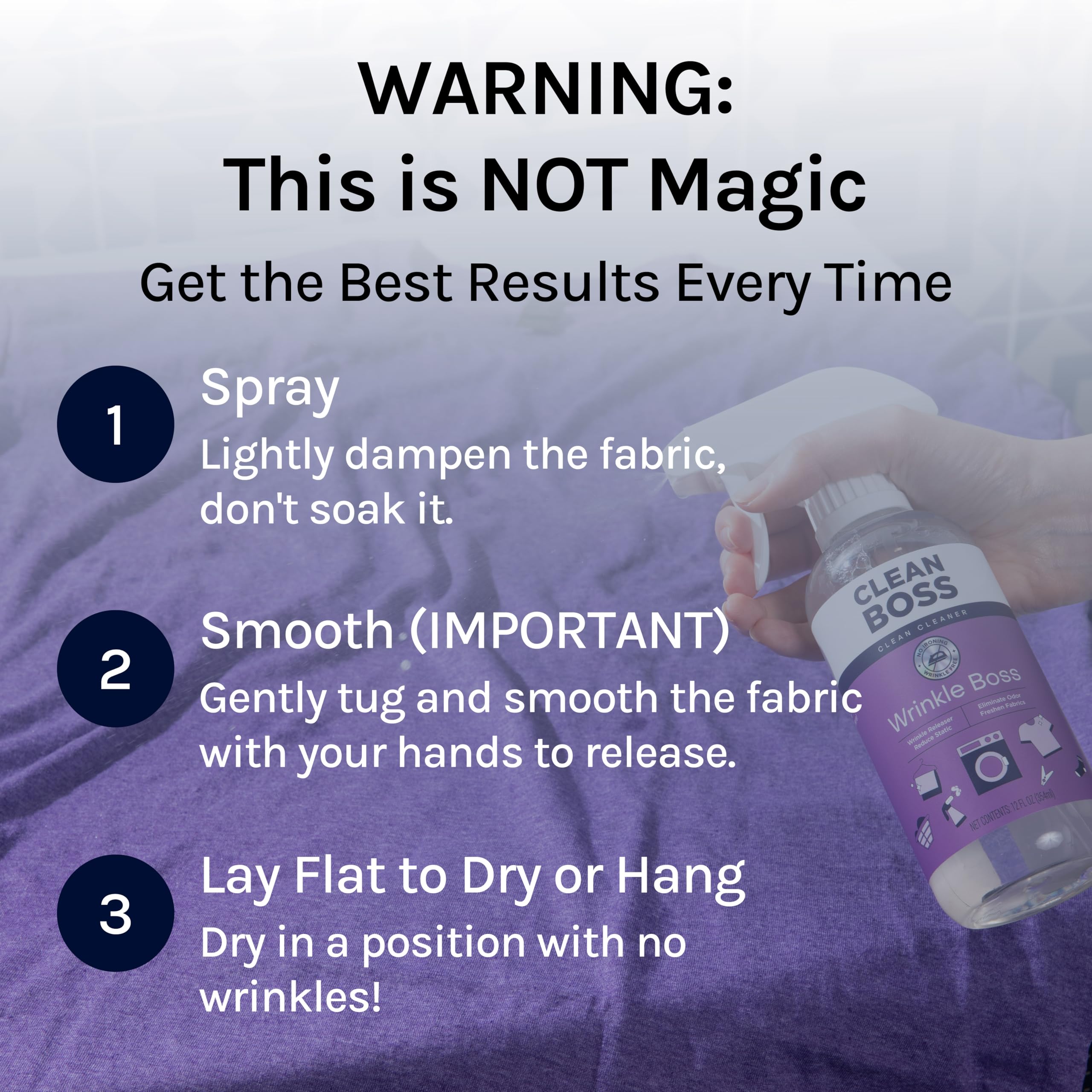 Close-up of CleanBoss spray mist smoothing wrinkles without heat