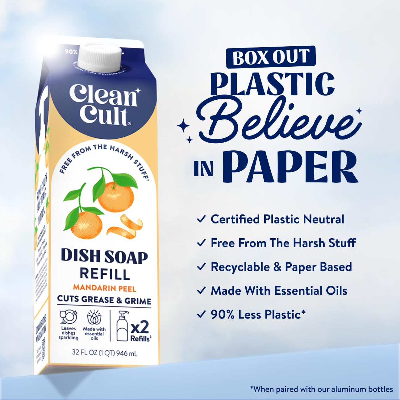 Cleancult dish soap close-up of label highlighting natural ingredients and eco-friendly packaging.