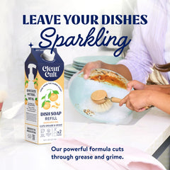 Pouring Cleancult dish soap liquid refill onto sponge demonstrates grease-cutting potential.