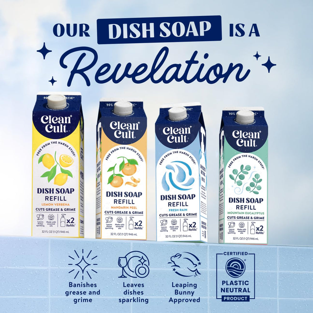 Cleancult eco packaging features recyclable, paper-based materials with 90% less plastic.