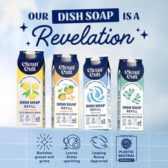 Cleancult eco packaging features recyclable, paper-based materials with 90% less plastic.