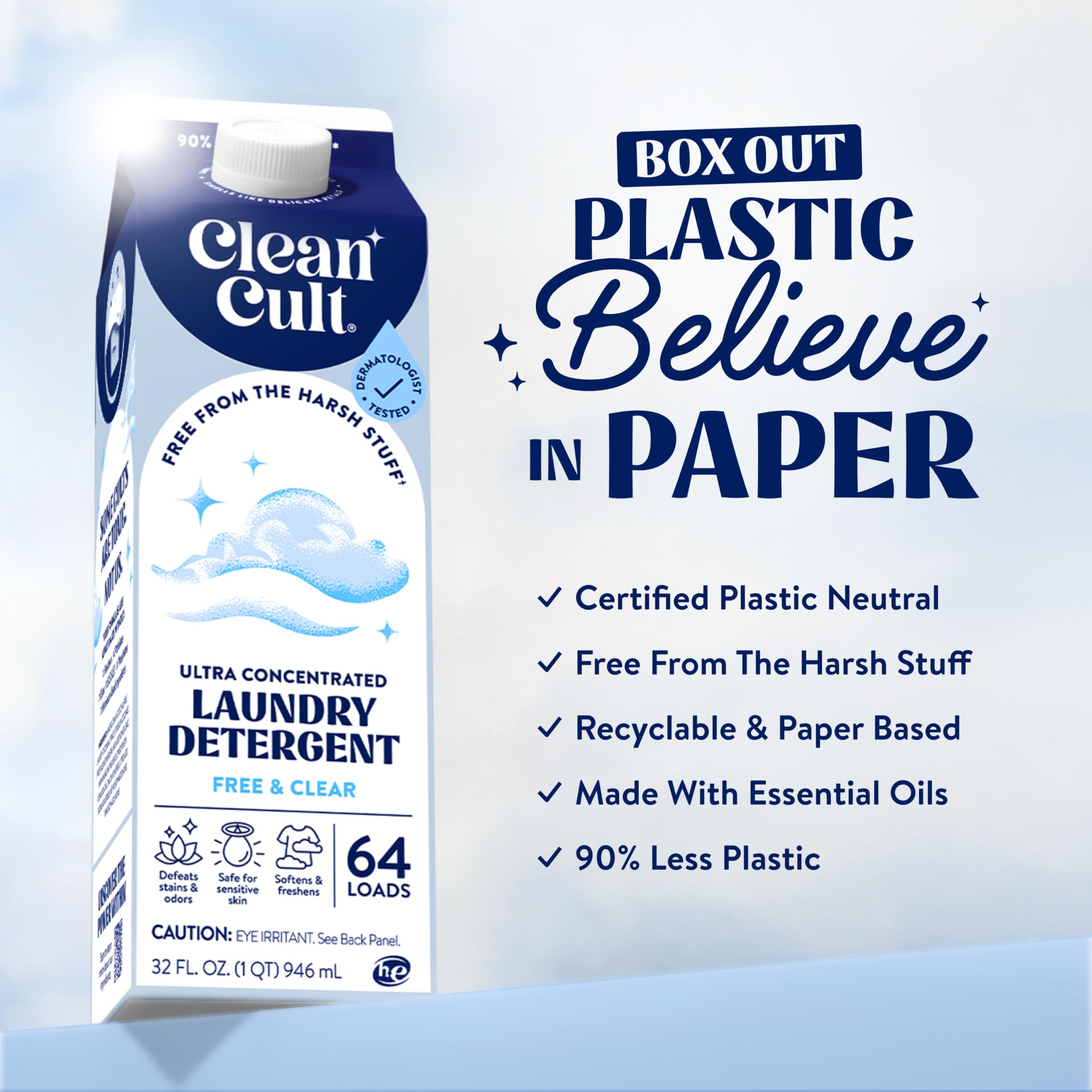 Cleancult fragrance-free, dye-free formula shown on packaging for sensitive skin.