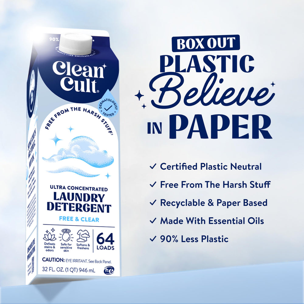 Cleancult fragrance-free, dye-free formula shown on packaging for sensitive skin.
