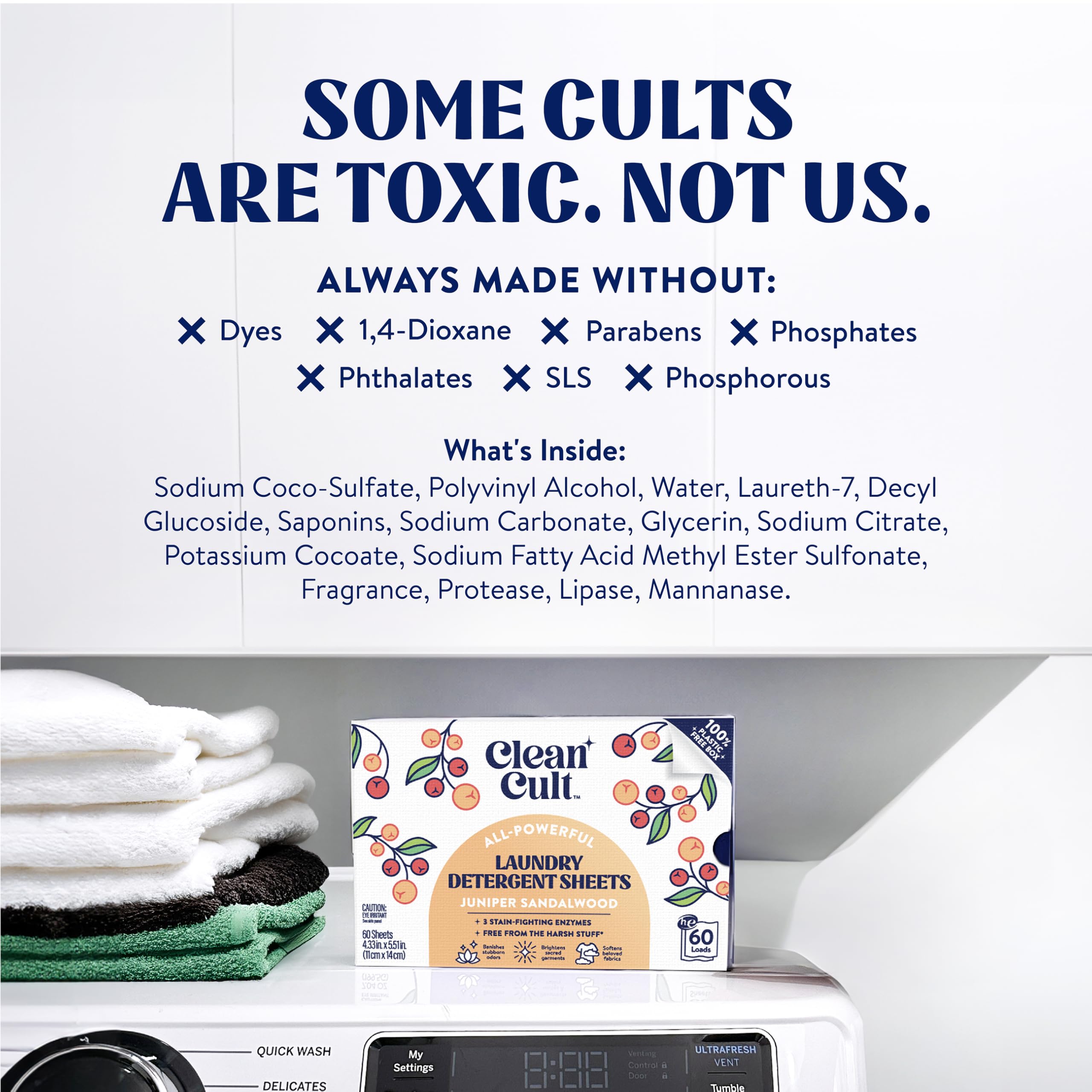 Cleancult ingredients label notes enzymes and absence of harsh chemicals.