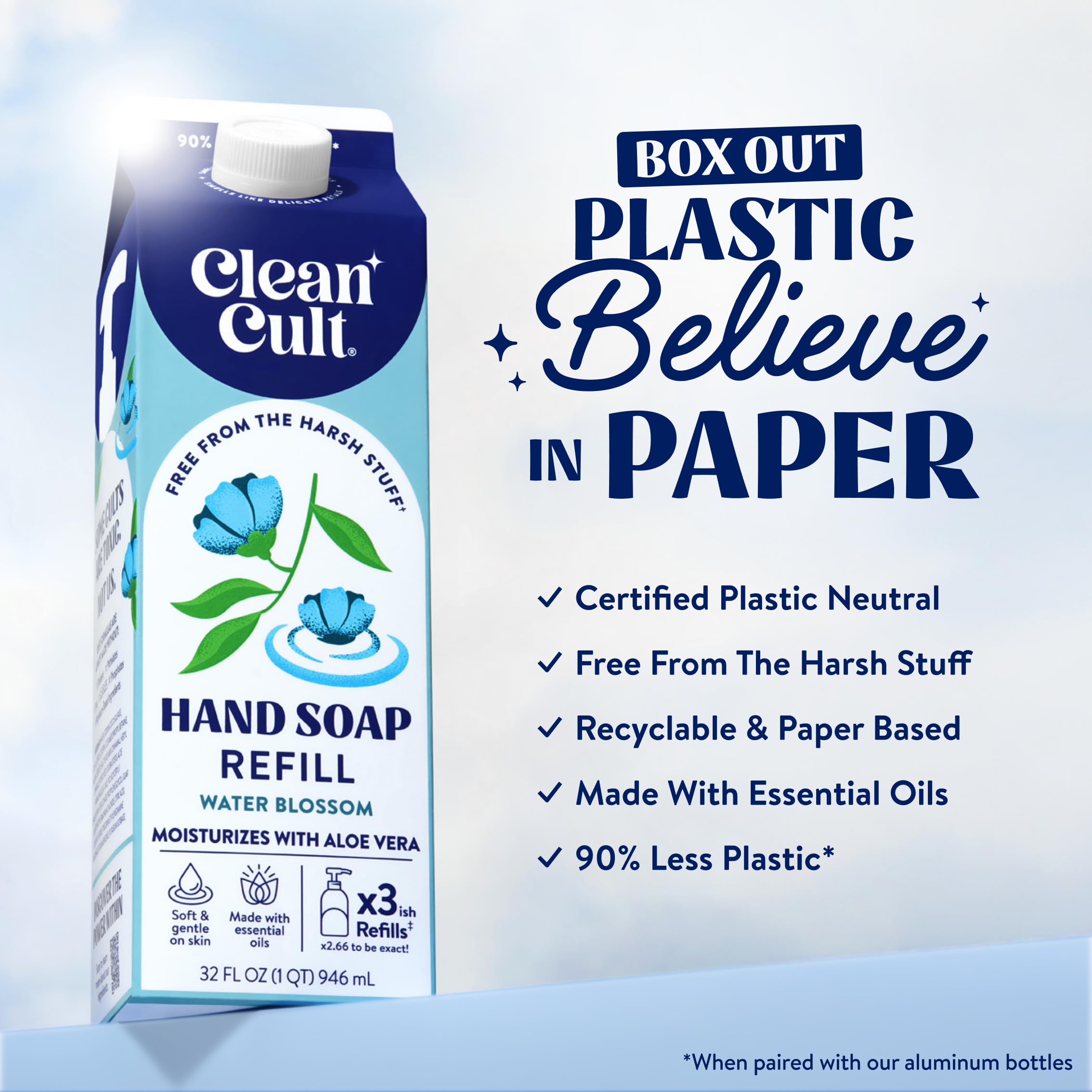 Cleancult Water Blossom refill label visible emphasizing moisturizing benefits for dry and sensitive skin.