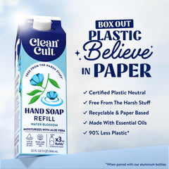 Cleancult Water Blossom refill label visible emphasizing moisturizing benefits for dry and sensitive skin.