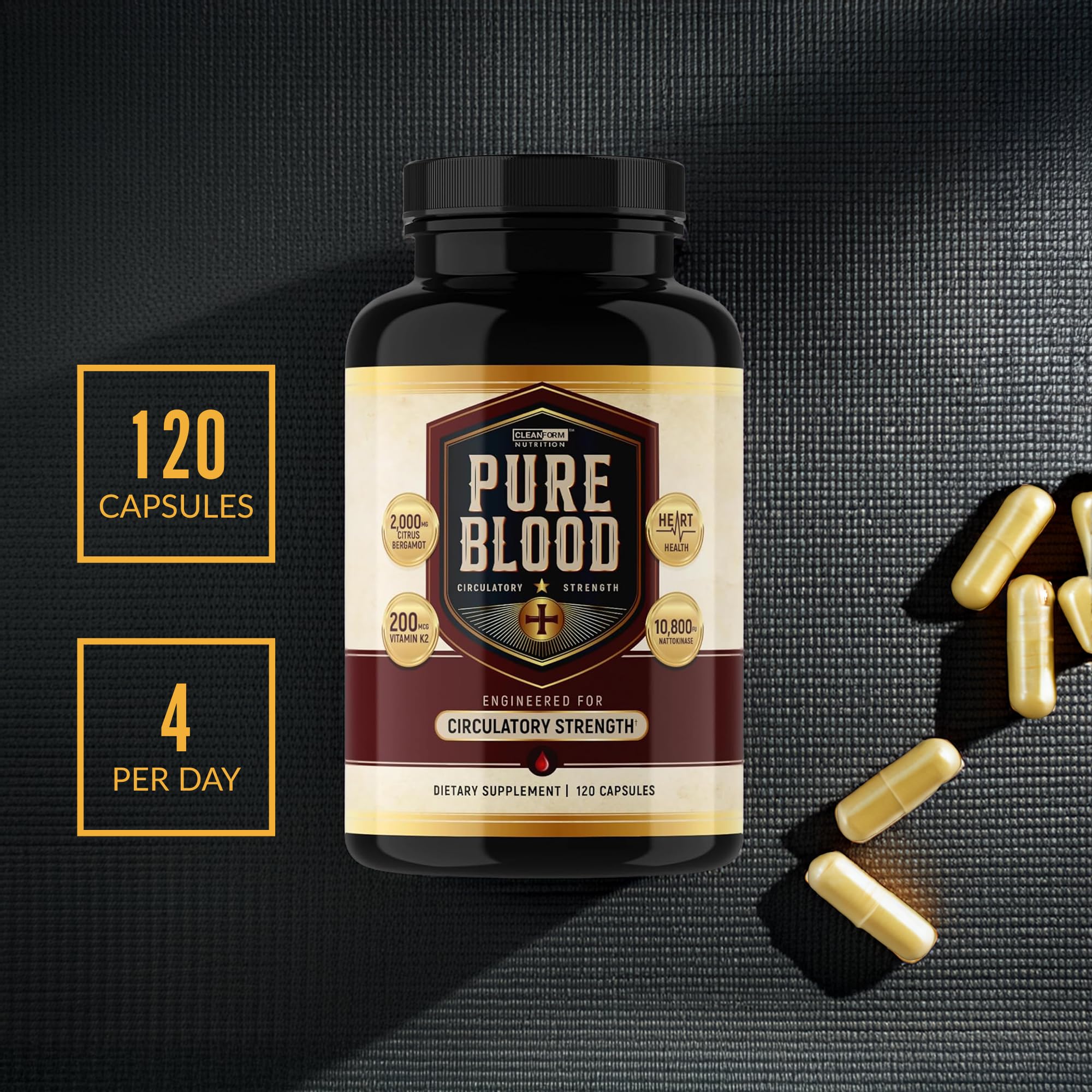 Packaging image showing vegetarian capsules and clean formula of CleanForm Pure Blood