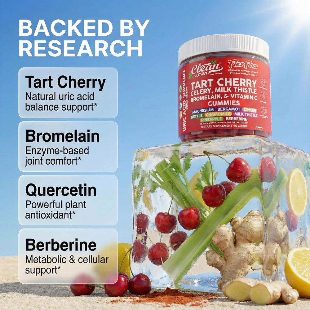 Bottle label of Clean Nutra Tart Cherry Gummies showing USA manufacturing.