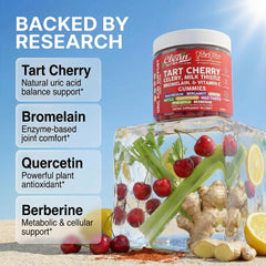 Bottle label of Clean Nutra Tart Cherry Gummies showing USA manufacturing.