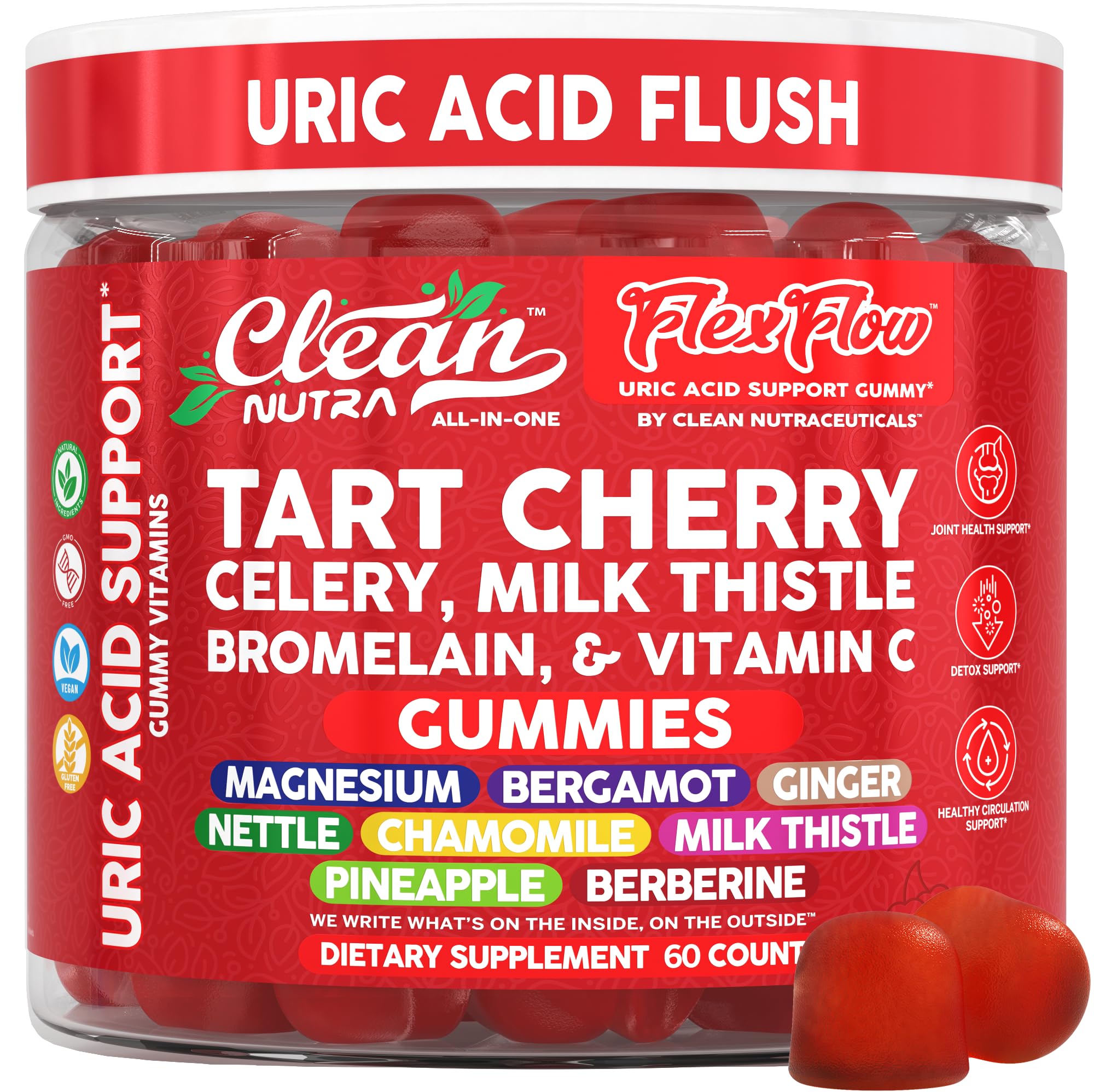 Clean Nutra Tart Cherry Gummies packshot for daily wellness and uric acid support.