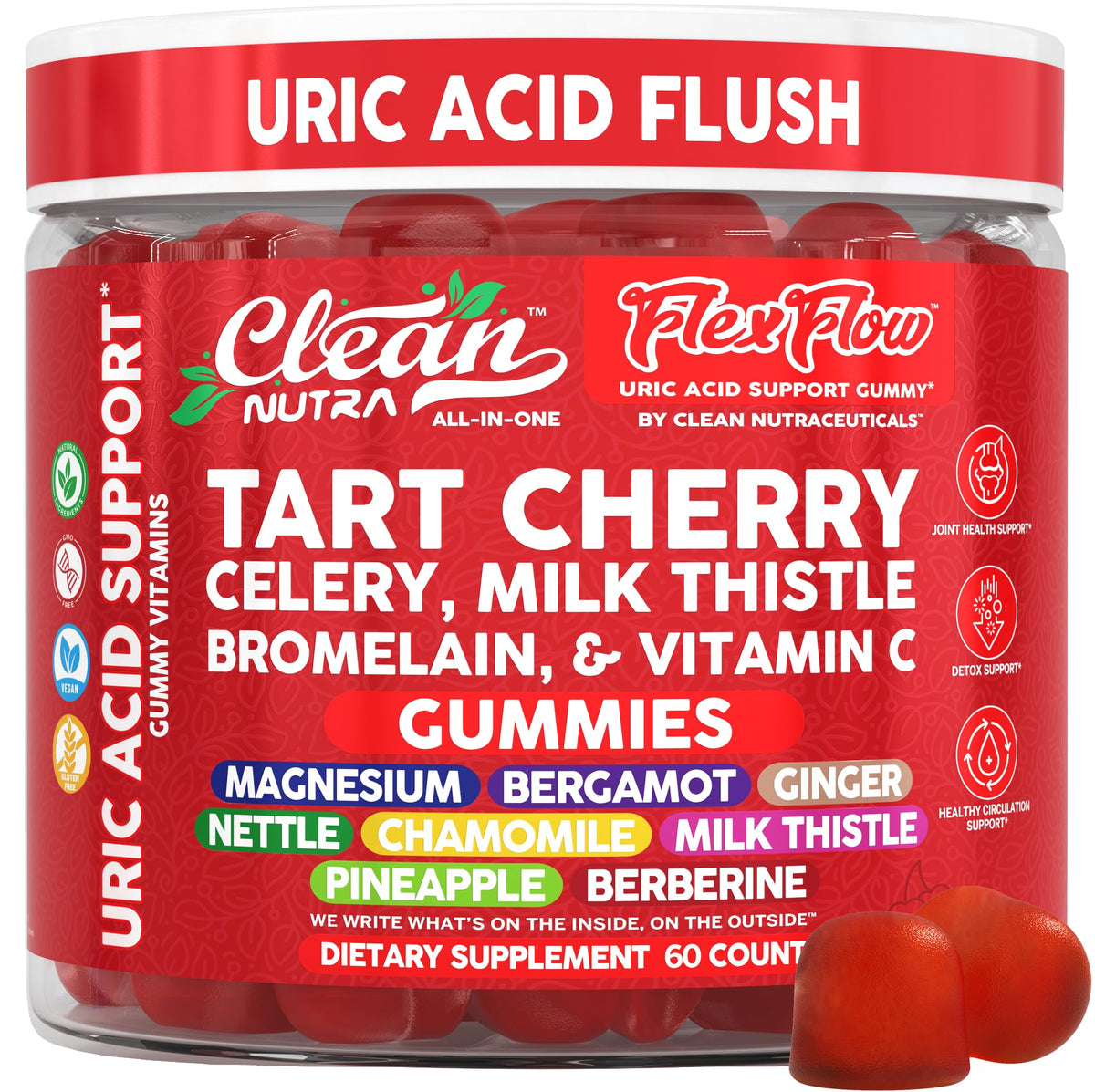 Clean Nutra Tart Cherry Gummies packshot for daily wellness and uric acid support.