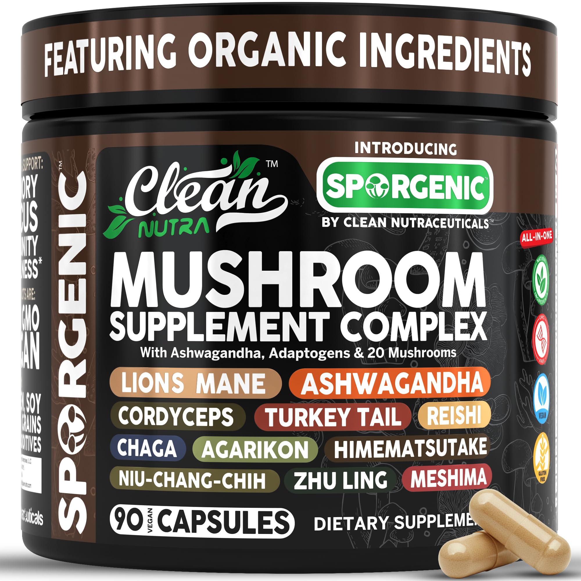 Clean Nutraceuticals Ashwagandha Lions Mane capsules for focus and energy