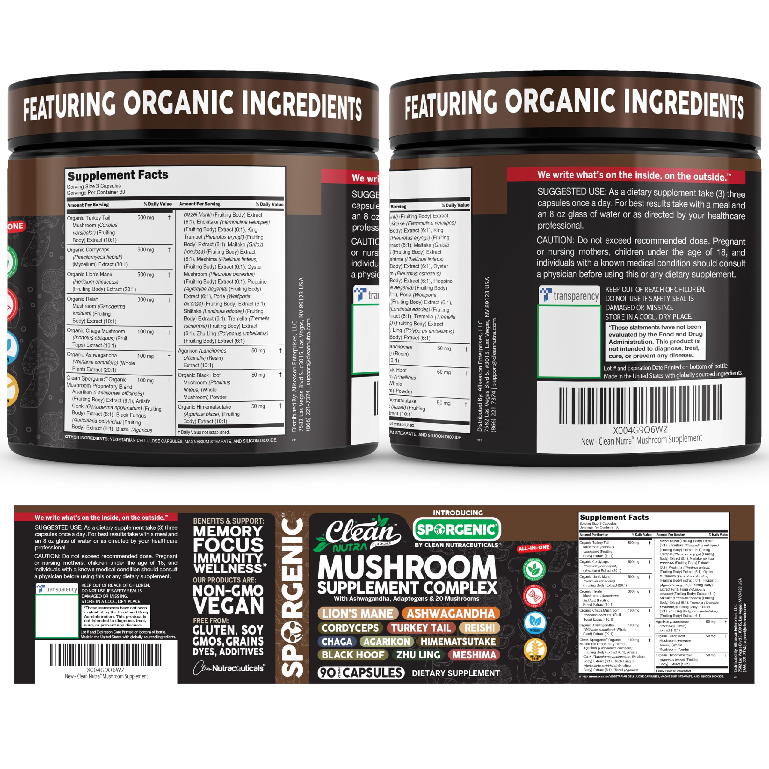 Clean Nutraceuticals Organic mushroom blend bottle front label for holistic wellness