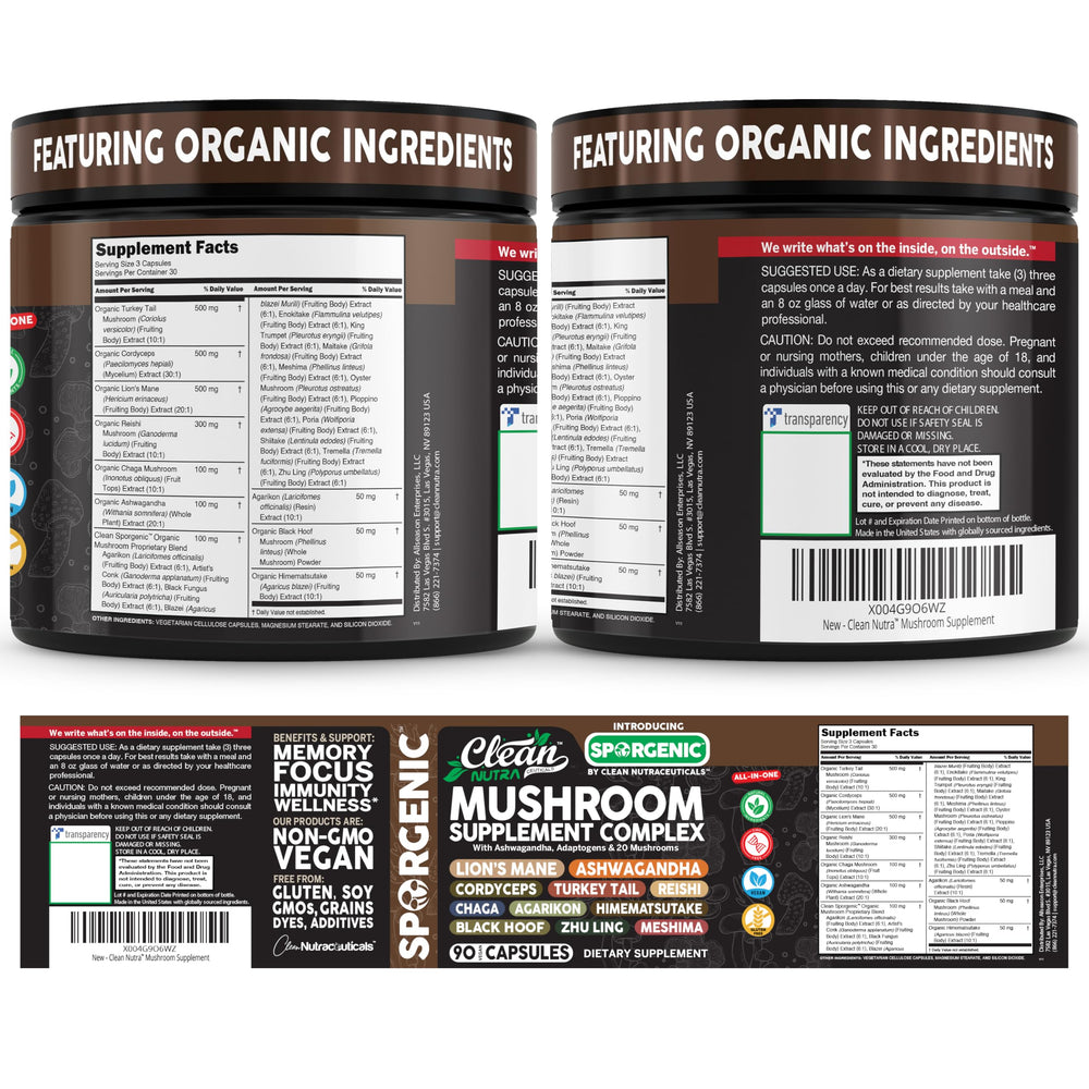 Clean Nutraceuticals Organic mushroom blend bottle front label for holistic wellness