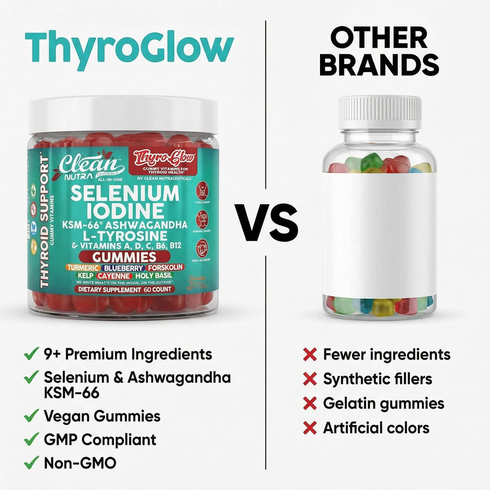 Clean Nutraceuticals ThyroGlow kelp and herb imagery emphasize natural ingredients.