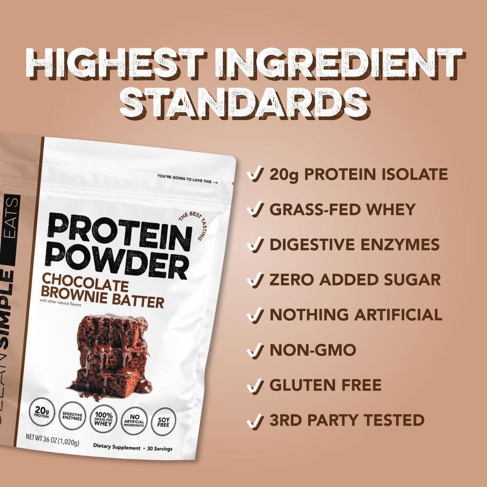 Clean Simple Eats powder closeup packaging chocolate brownie batter highlighting gluten-free and natural sweeteners
