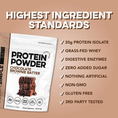 Clean Simple Eats powder closeup packaging chocolate brownie batter highlighting gluten-free and natural sweeteners