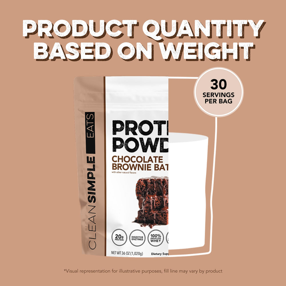 Clean Simple Eats protein powder tub on kitchen counter ready for daily shakes