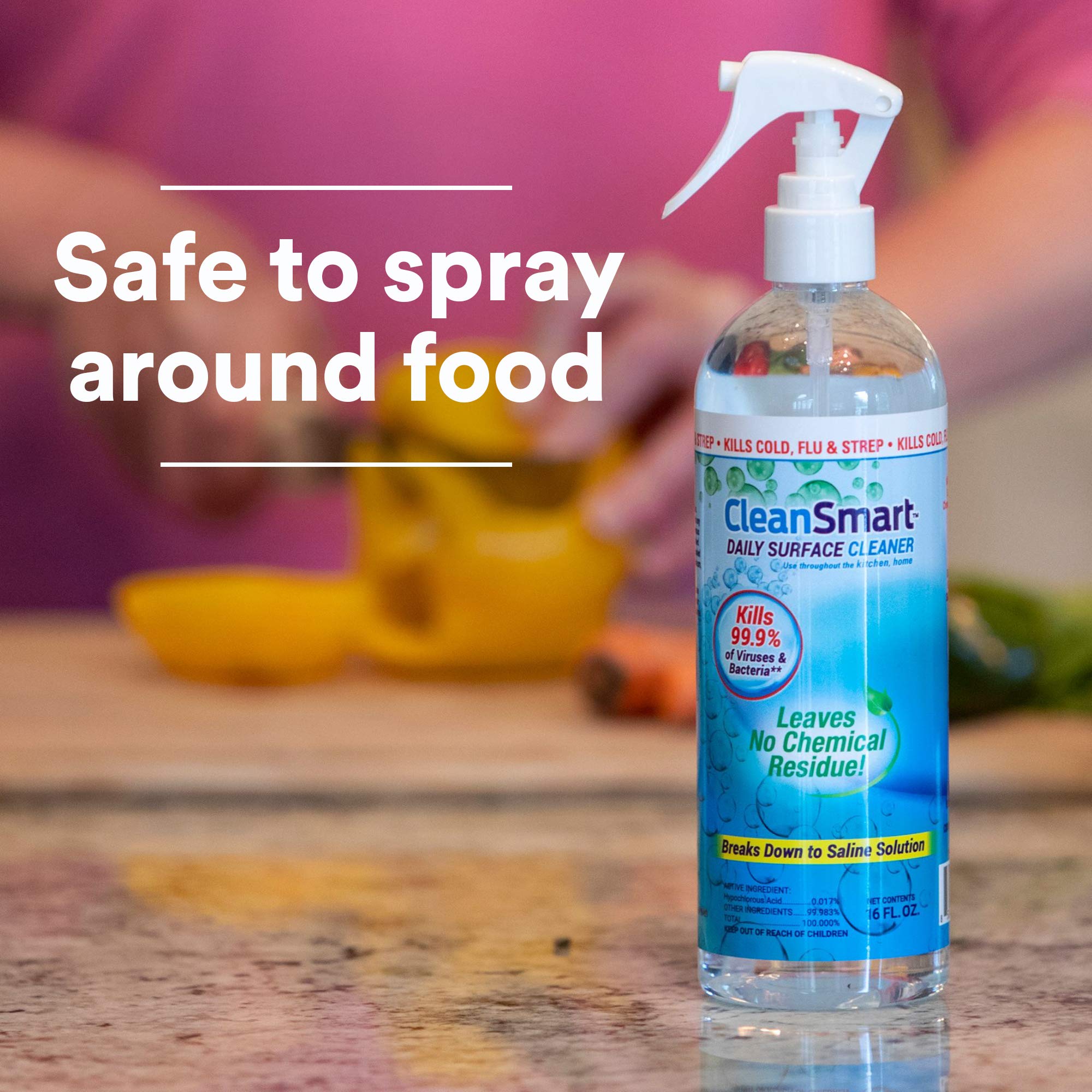 CleanSmart spraying on countertops and highchair surfaces during daily use