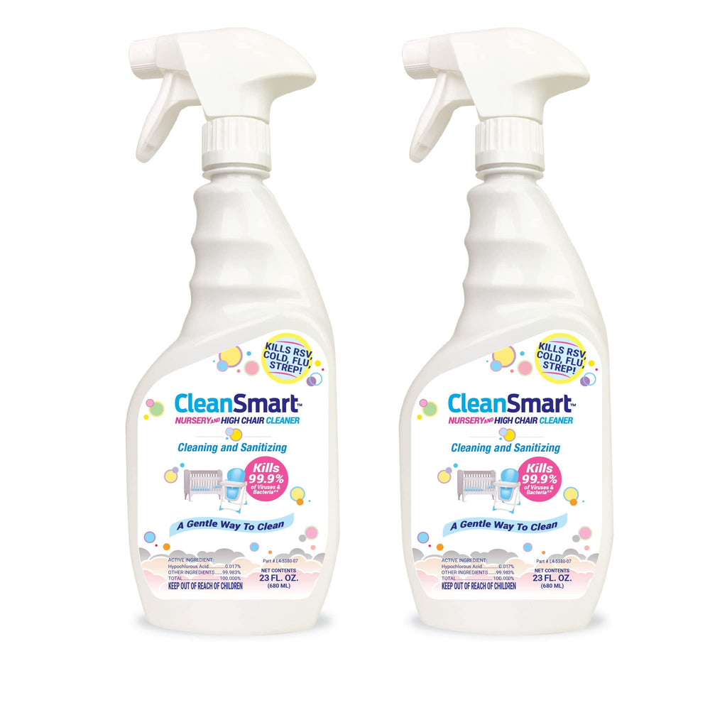 CleanSmart nursery cleaner bottle demonstrates safe, residue-free sanitizing for baby surfaces.
