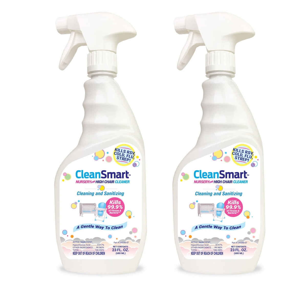 CleanSmart nursery cleaner bottle demonstrates safe, residue-free sanitizing for baby surfaces.
