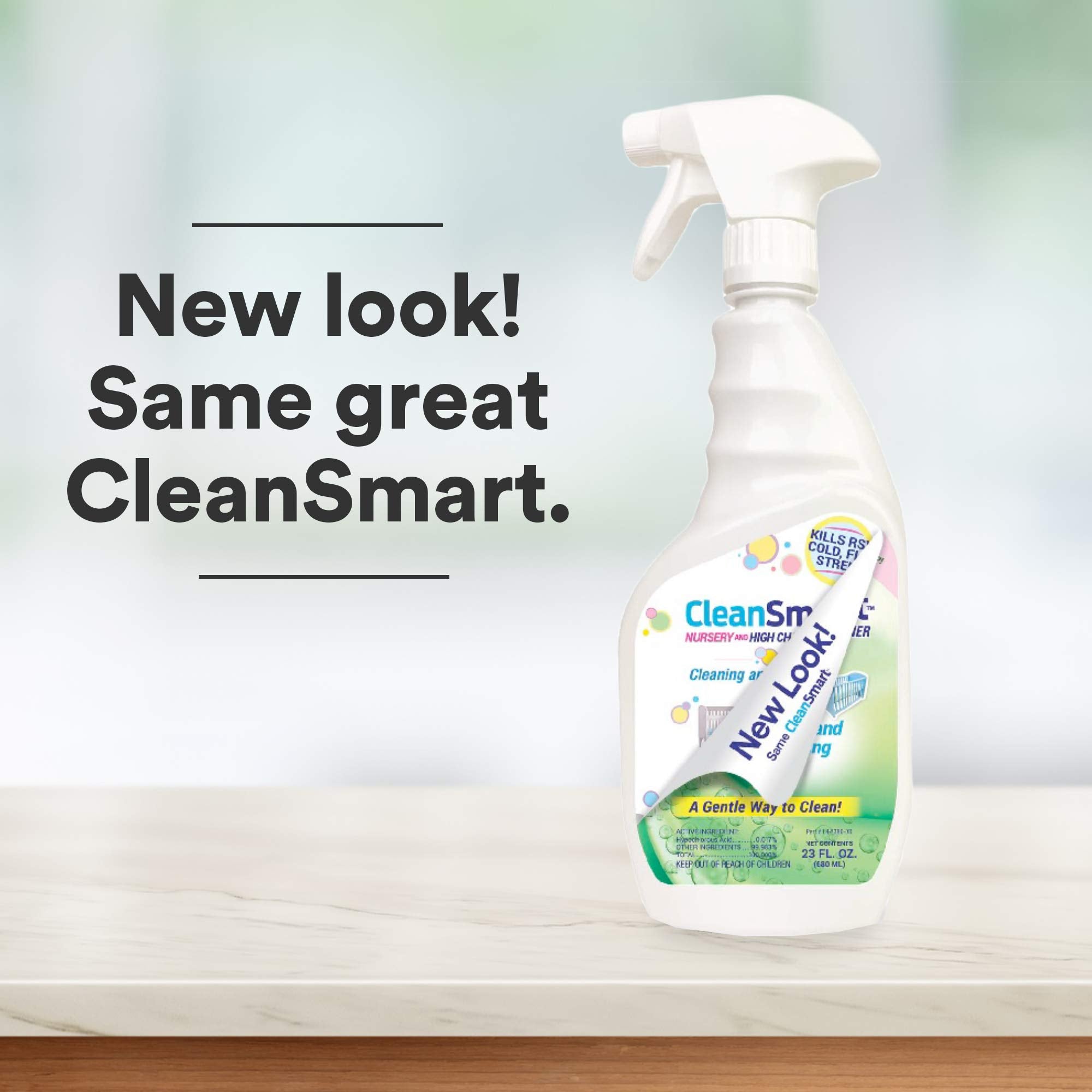 CleanSmart spray bottle shows quick, safe surface disinfection for high chairs and tables.