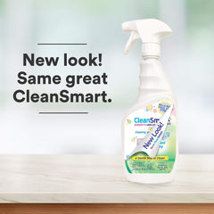 CleanSmart spray bottle shows quick, safe surface disinfection for high chairs and tables.