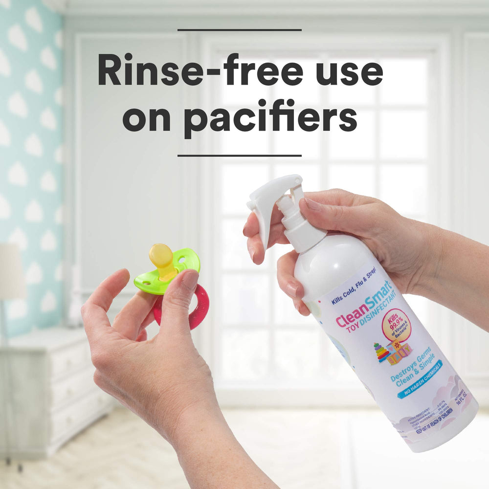 CleanSmart Toy Disinfectant Spray used on a baby carrier for frequent cleaning