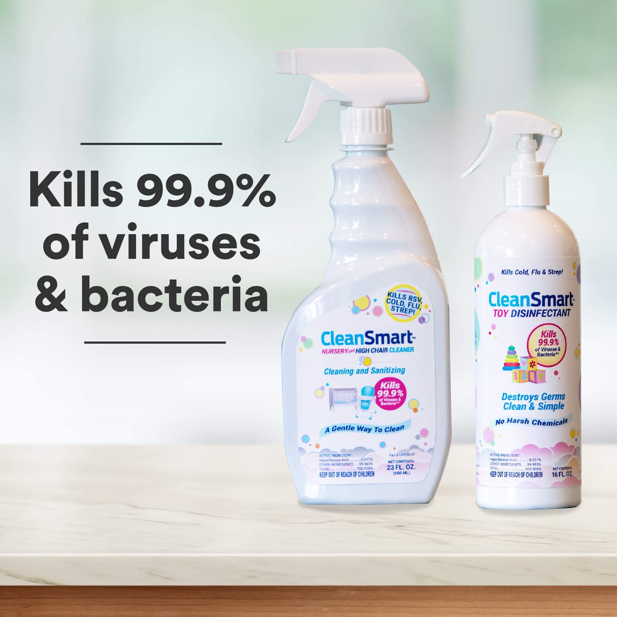 CleanSmart Toy Disinfectant Spray used on a stroller to sanitize surfaces between outings