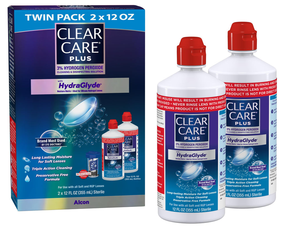 Clear Care Plus bubbling action bottle demonstrates deep lens cleaning potential.