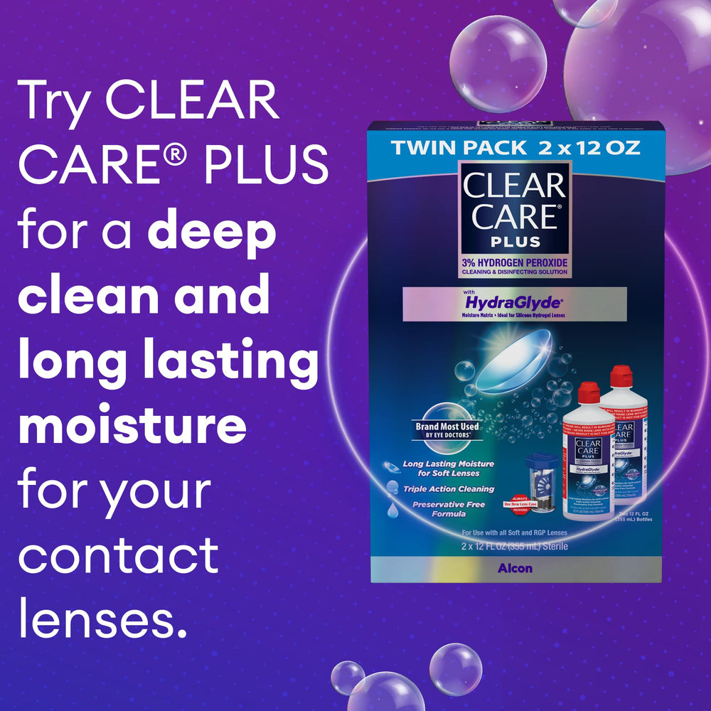 Clear Care Plus safety for soft and RGP lenses highlighted in the packaging.