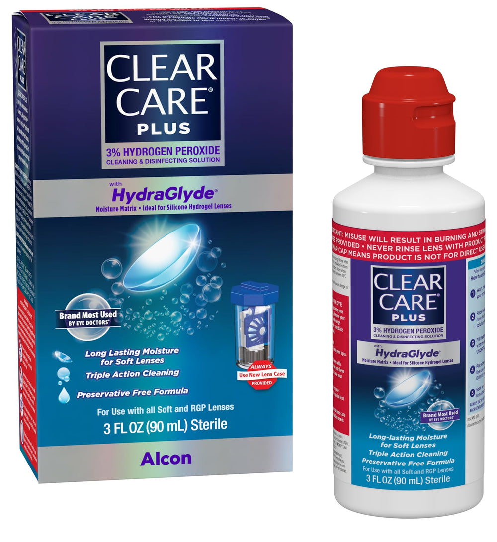 Clear Care Plus travel pack bottle ready for on-the-go lens cleaning.