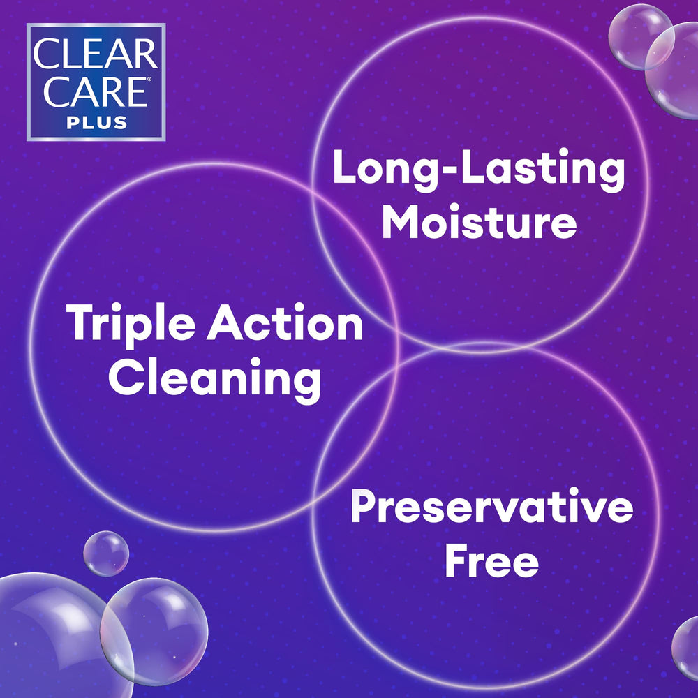 Clear Care Plus triple action cleaning shows dirt and protein reduction in use.